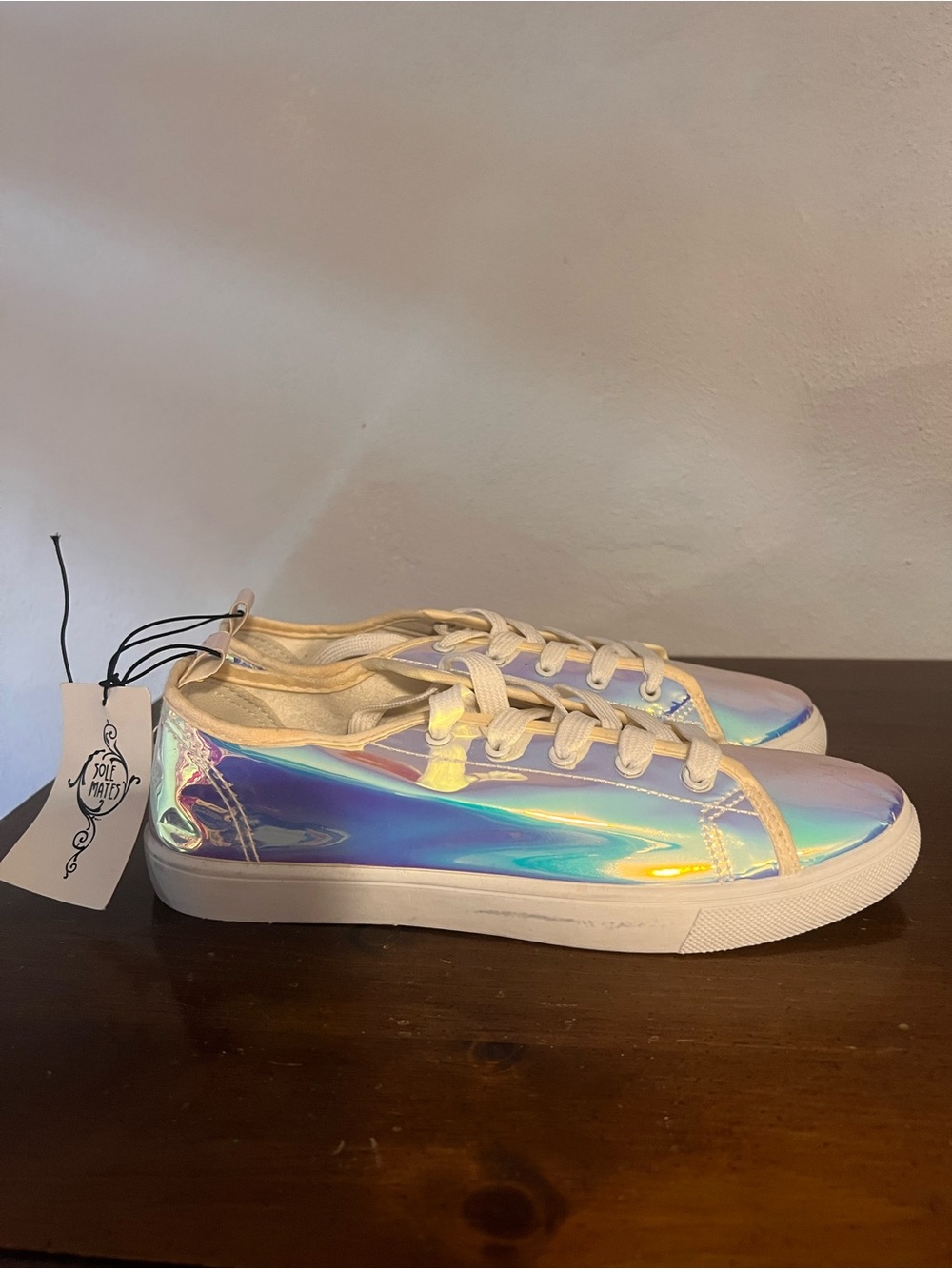 Iridescent Low-Top Lace-Up Sneakers - White & Rainbow Sheen